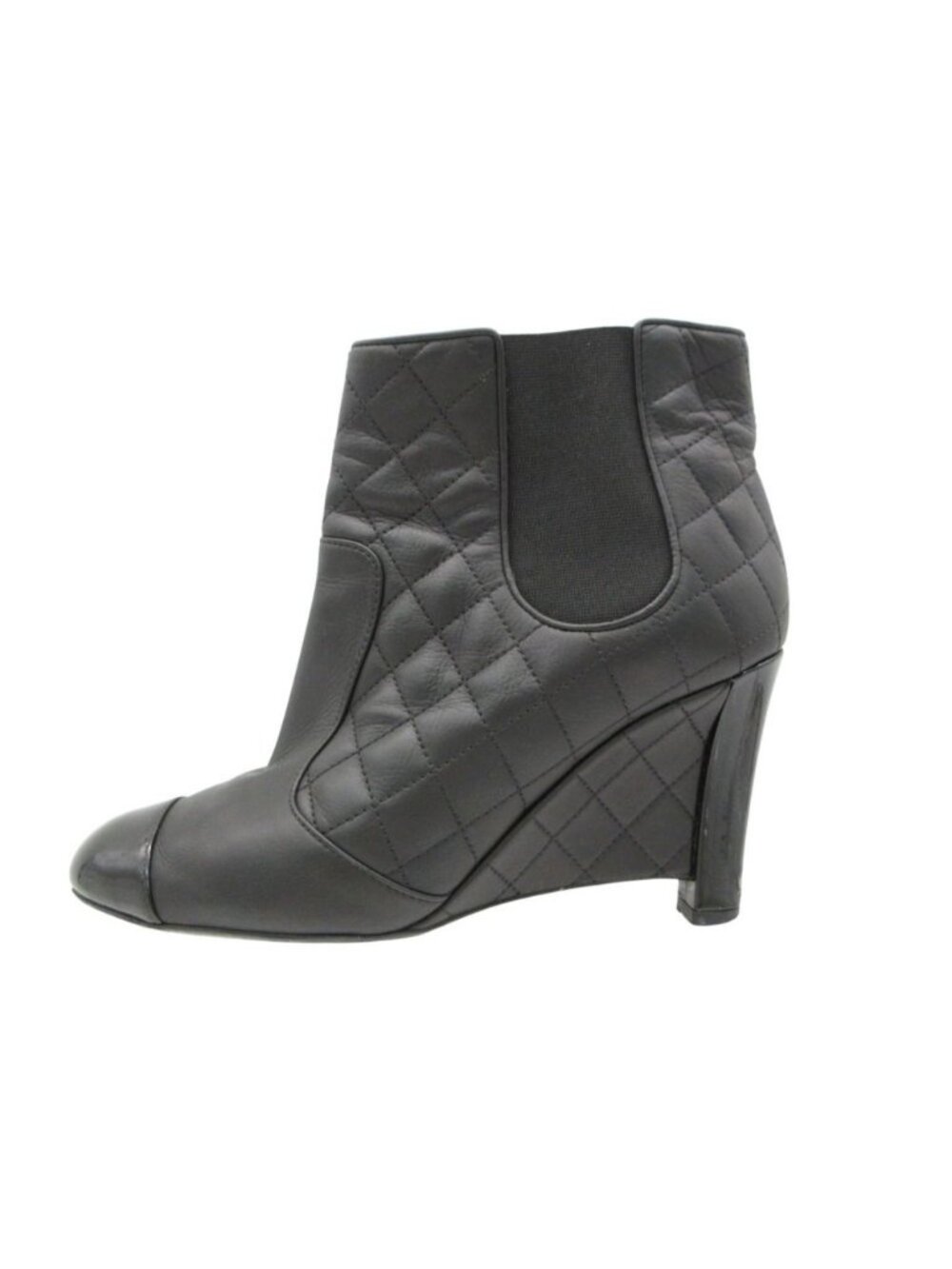 Chanel Boots Booties Short Wedge Sole Quilted Cap Toe Side Gore Leather Shoes